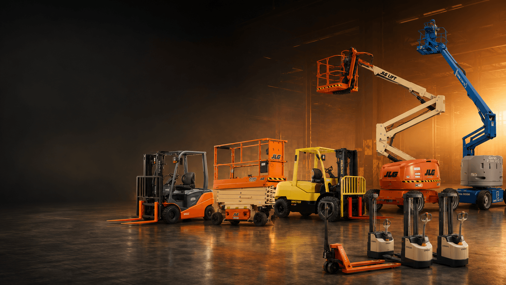 Budget Forklift Rentals hire fleet — forklifts, scissor lifts and reach trucks ready for dispatch